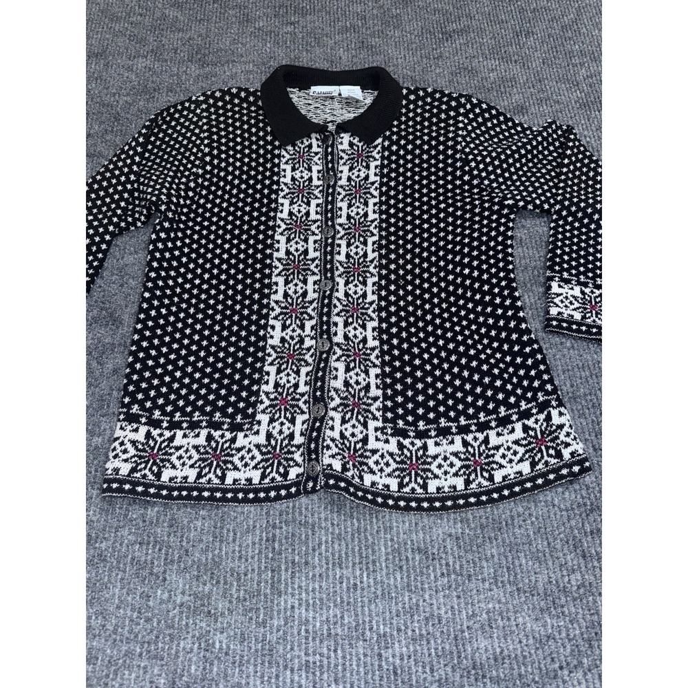 Y2K Capacity Fair Isle Collared Button Cardigan Sweater Black White Red M - Picture 5 of 13